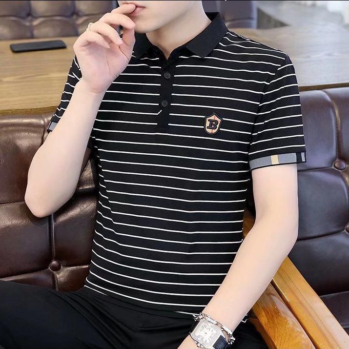 夏季翻領polo衫短袖t恤男刺繡中袖修身條紋潮流中青年加大碼上衣