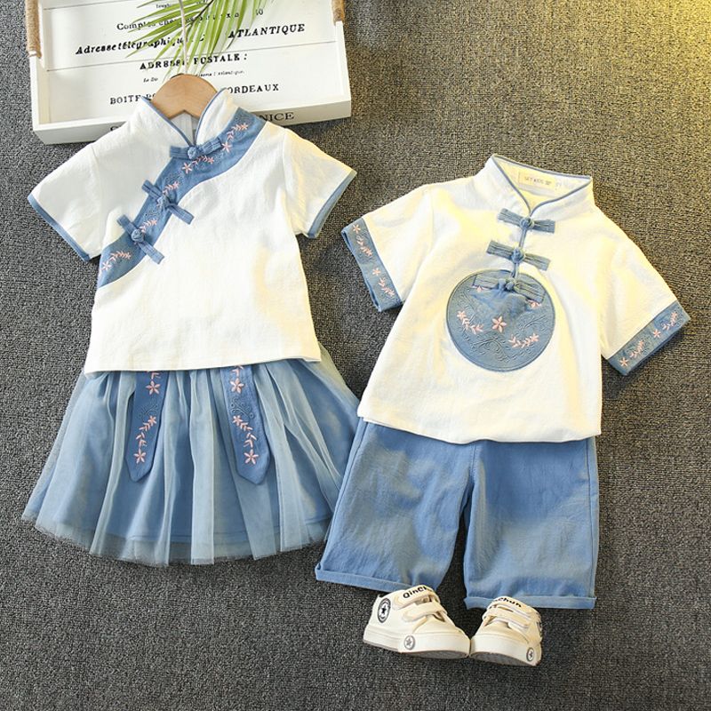 兒童男女童六一表演服夏裝短袖兄妹裝漢服套裝中國風古裝國學班服