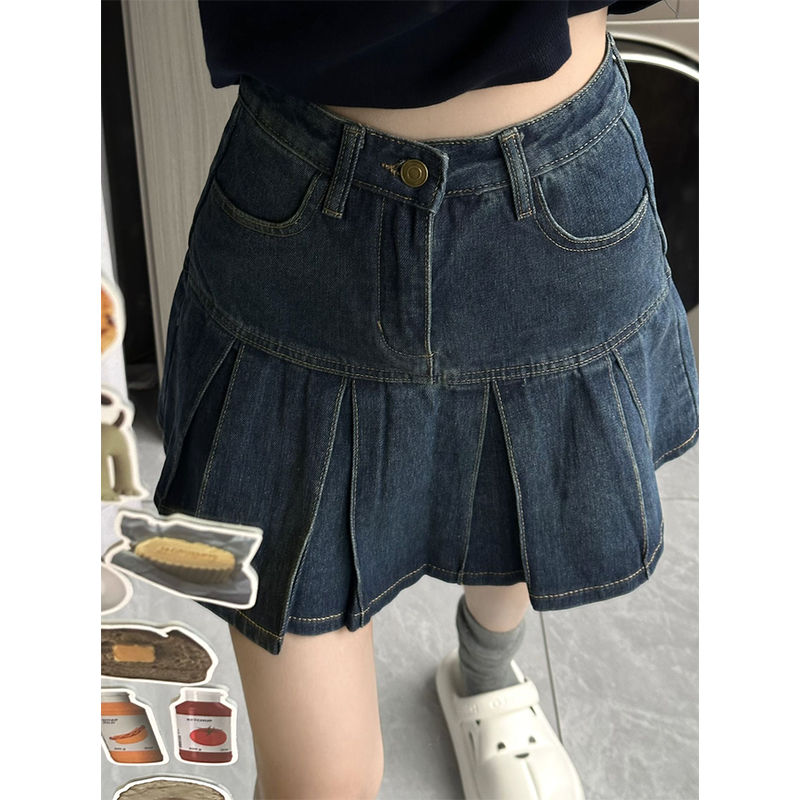 高腰百褶牛仔半身裙女夏季大碼胖mm遮肚顯瘦設計感a字包臀短裙子