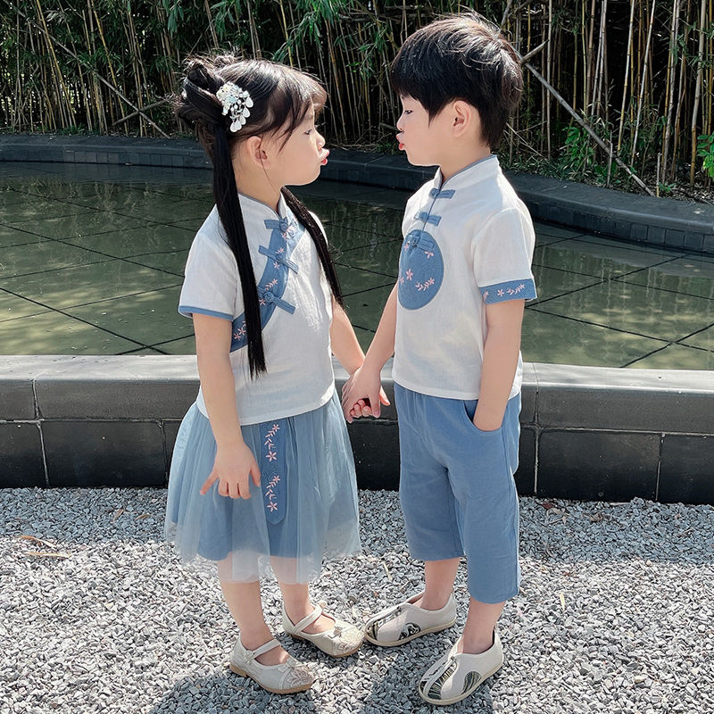 儿童男女童六一表演服夏装短袖兄妹装汉服套装中国风古装国学班服
