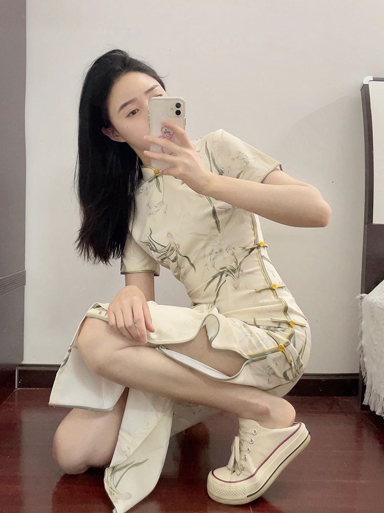 新中式連衣裙女夏季2023新款改良旗袍國風短袖高腰印花年輕款裙子