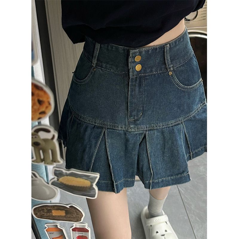 2023新款小個子辣妹牛仔半身裙女夏季設計感小眾高腰a字百褶短裙