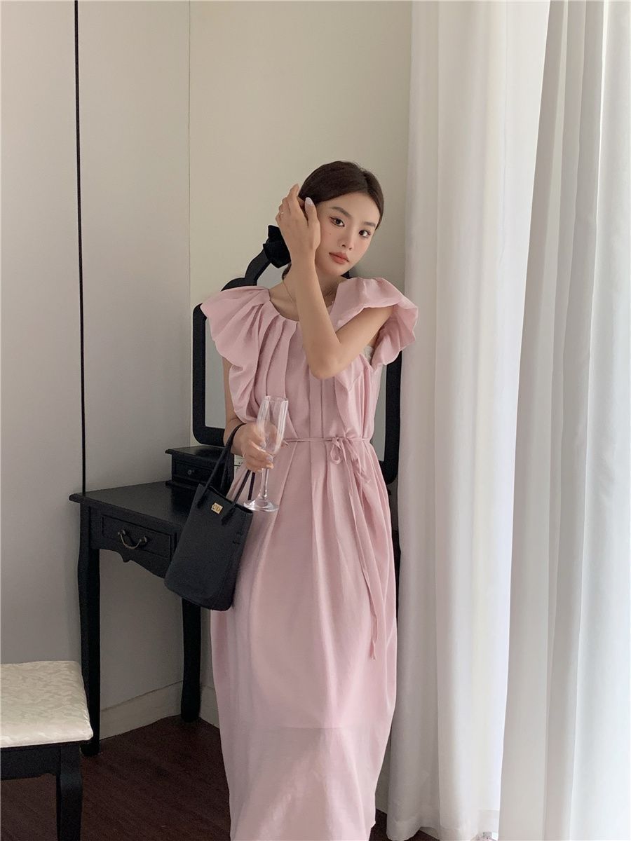 French lazy pink dress women's summer  new tie-up high waist thin skirt a-line mid-length skirt