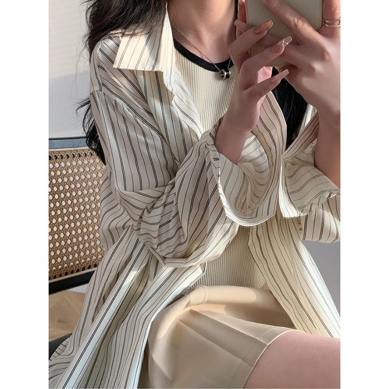 格瑞吉奧長袖條紋防曬襯衫女春夏薄款高級藝設計感小眾日系復古潮