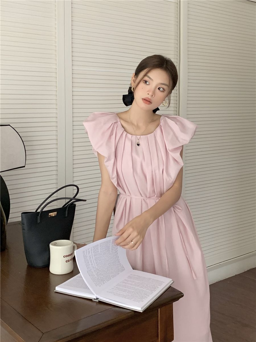 French lazy pink dress women's summer  new tie-up high waist thin skirt a-line mid-length skirt