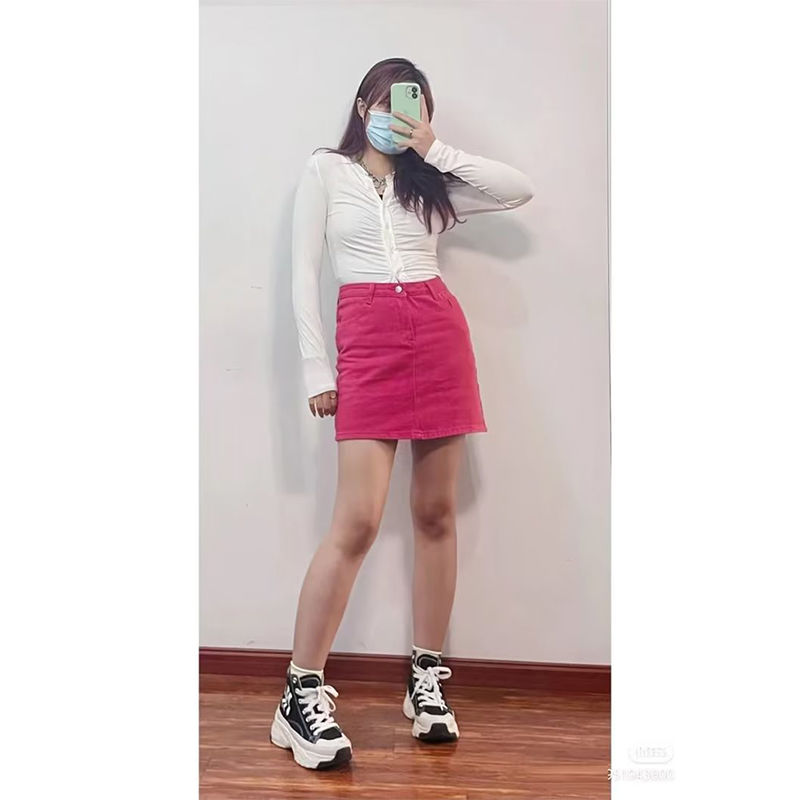 Rose red sweet spicy skirt denim skirt short skirt female summer large size fat mm hot girl A-line bag hip skirt high waist skirt