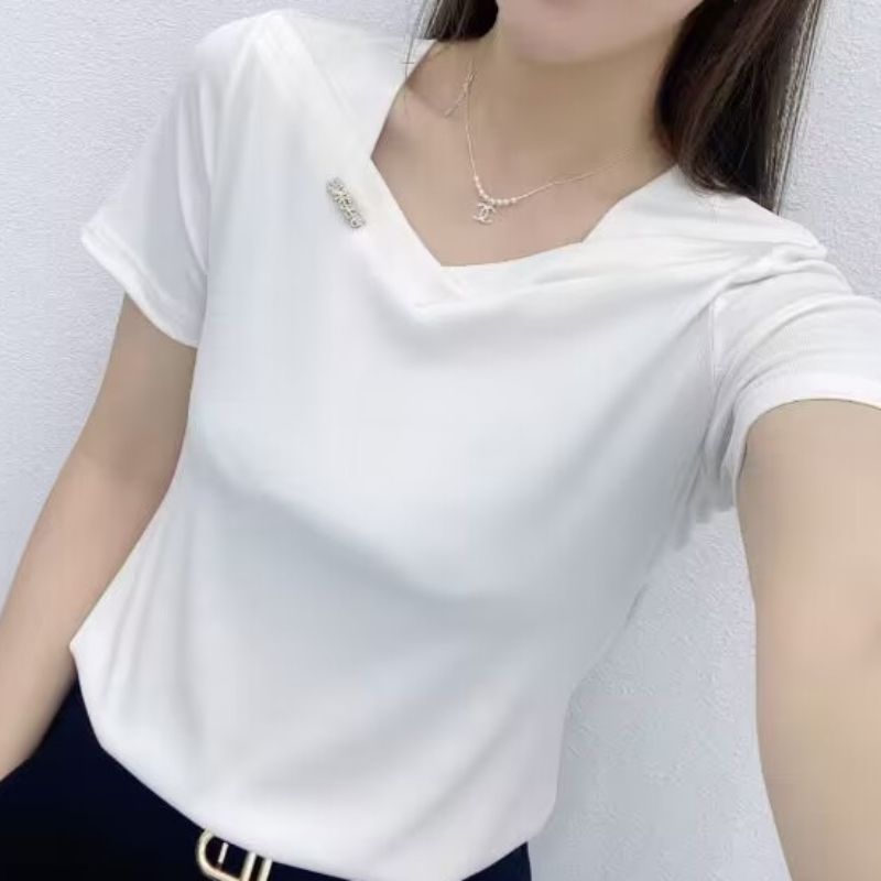 高级感冰丝棉短袖t恤女设计感小众锁骨方领半袖漂亮妈妈夏装上衣