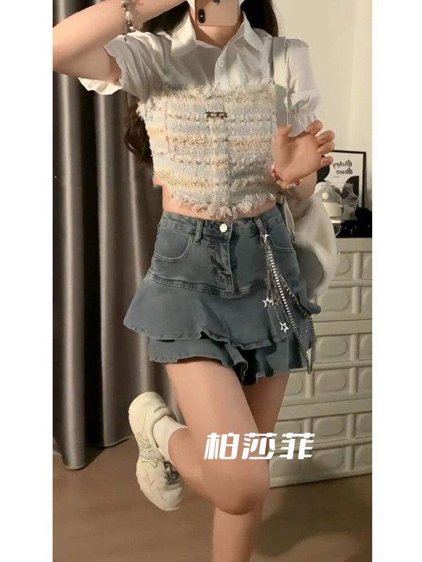 夏季新款辣妹穿搭純欲性感吊帶短款泡泡袖襯衣甜辣高腰短裙子套裝