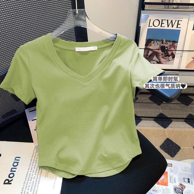V-neck front shoulder t-shirt women's summer new all-match self-cultivation slimming design sense irregular hot girl short top short sleeves