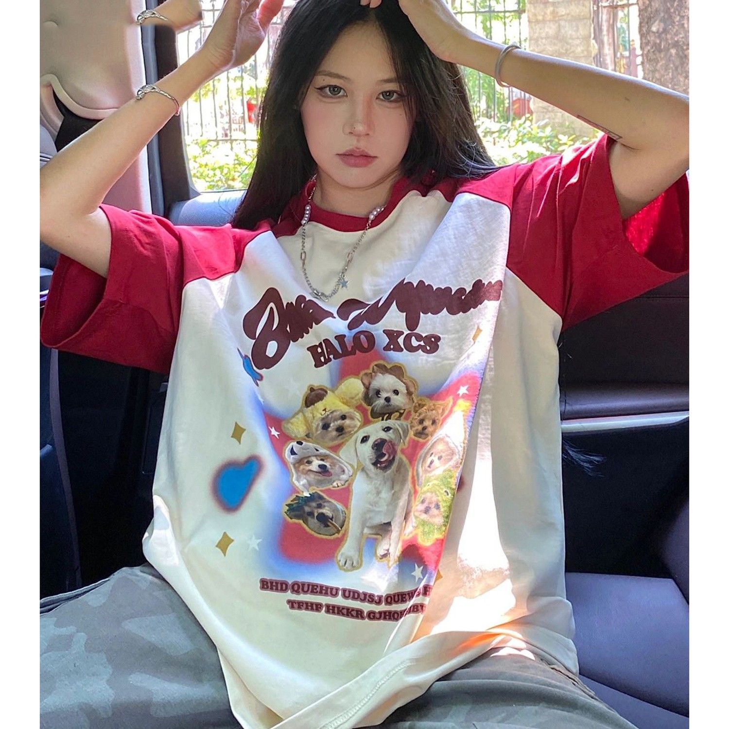 撞色卡通印花短袖T恤女夏季新款復古中長款拼接百搭設計感上衣ins