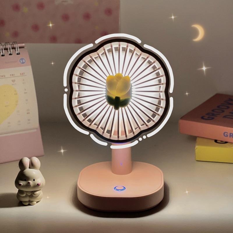 Night light fan table desktop small fan student dormitory silent cute flower electric fan electric fan for women