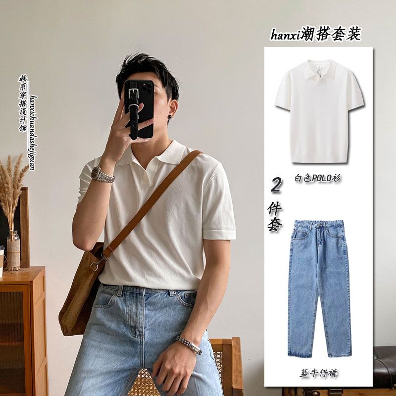 Men's black V-neck knitted POLO shirt, casual business lapel short-sleeved summer thin American casual T-shirt
