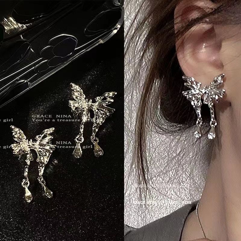 甜酷液態金屬蝴蝶耳環女小眾設計冷淡風個性耳釘耳飾2023年新款潮