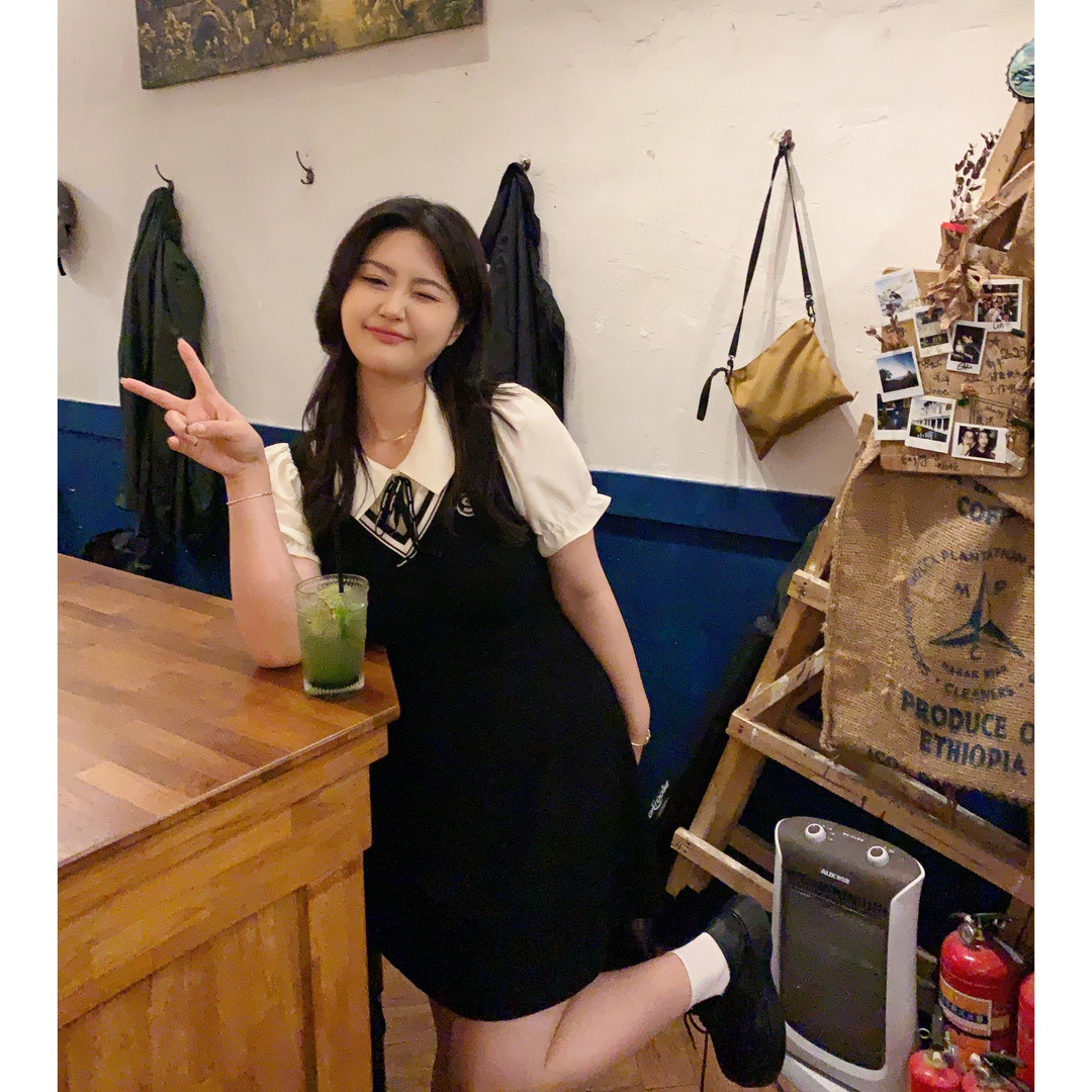 Slightly fat custom [Idol travel] Summer college style fake two-piece dress sweet and age-reducing small skirt looks thin