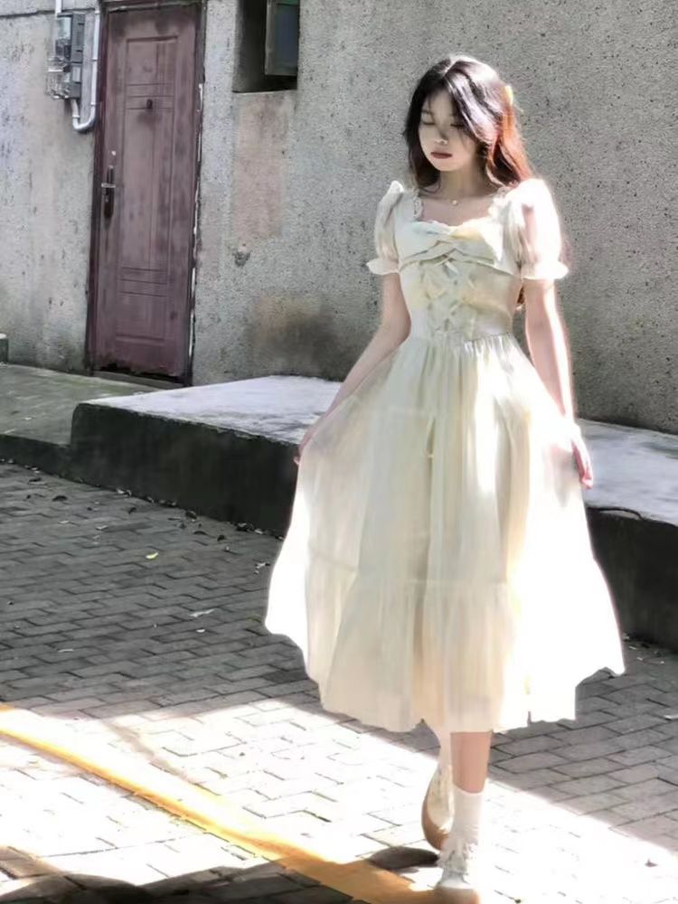 公主風甜美超仙氣質高級感蝴蝶結連衣裙女學生夏季收腰顯瘦中長裙