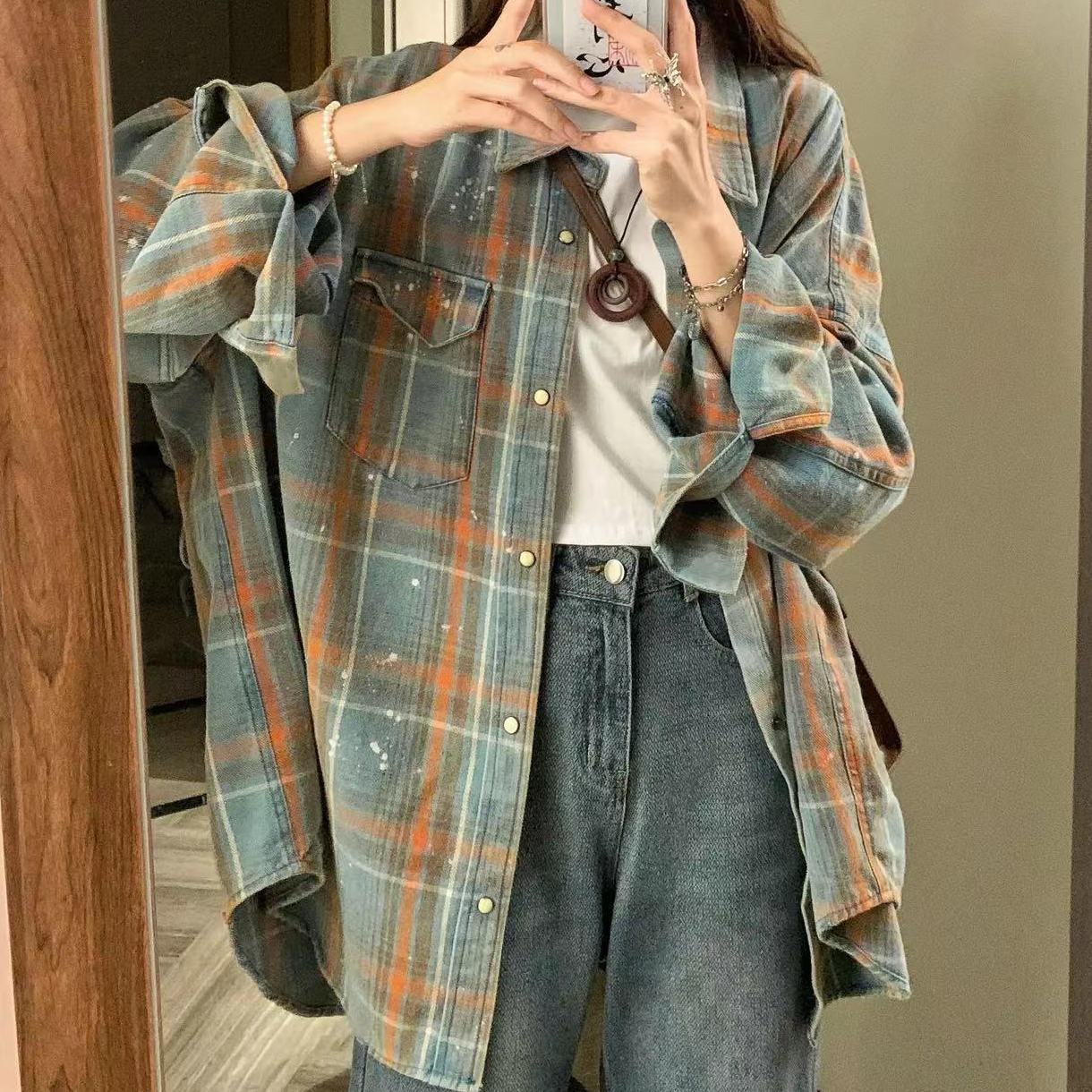oversize美式襯衫女學生薄款寬鬆遮肉顯瘦中長款襯衣抗皺防曬開衫