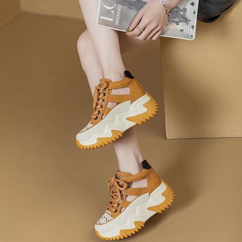 Thick-soled heightened daddy shoes women 2023 summer new lace-up all-match fashion contrast color hollow breathable sneakers women