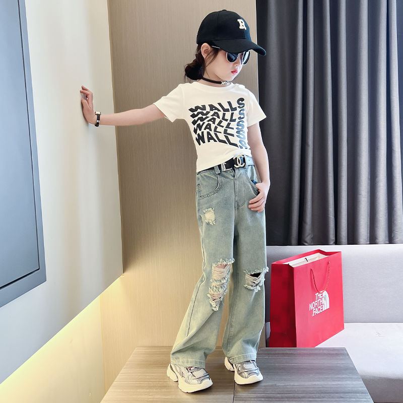 女童夏季套裝2023新款兒童夏天短袖破洞牛仔褲休閒百搭網紅炸街韓