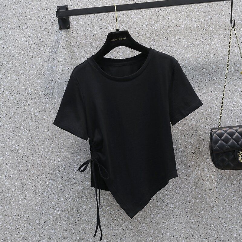 cc same style t-shirt drawstring summer irregular new pure desire wind fat mm thin fashion short-sleeved short top ins