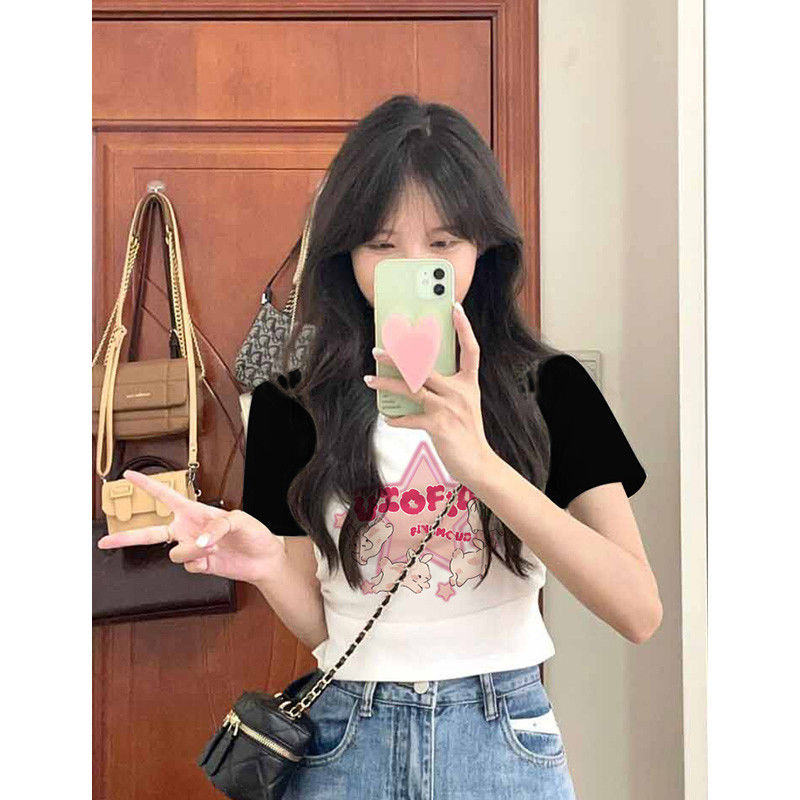 Thin wheat THIN MORE hit color cartoon star letters short-sleeved t-shirt women's summer short section slim slim top tide