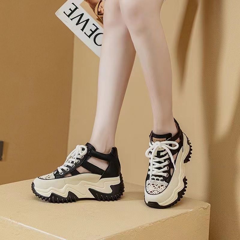 Thick-soled heightened daddy shoes women 2023 summer new lace-up all-match fashion contrast color hollow breathable sneakers women