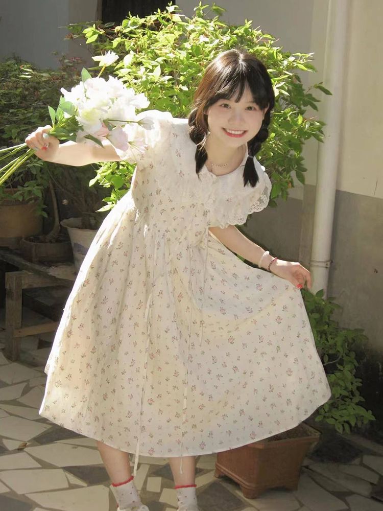 夏日上新日系甜美學院風可愛娃娃領碎花連衣裙女學生中長款a字裙