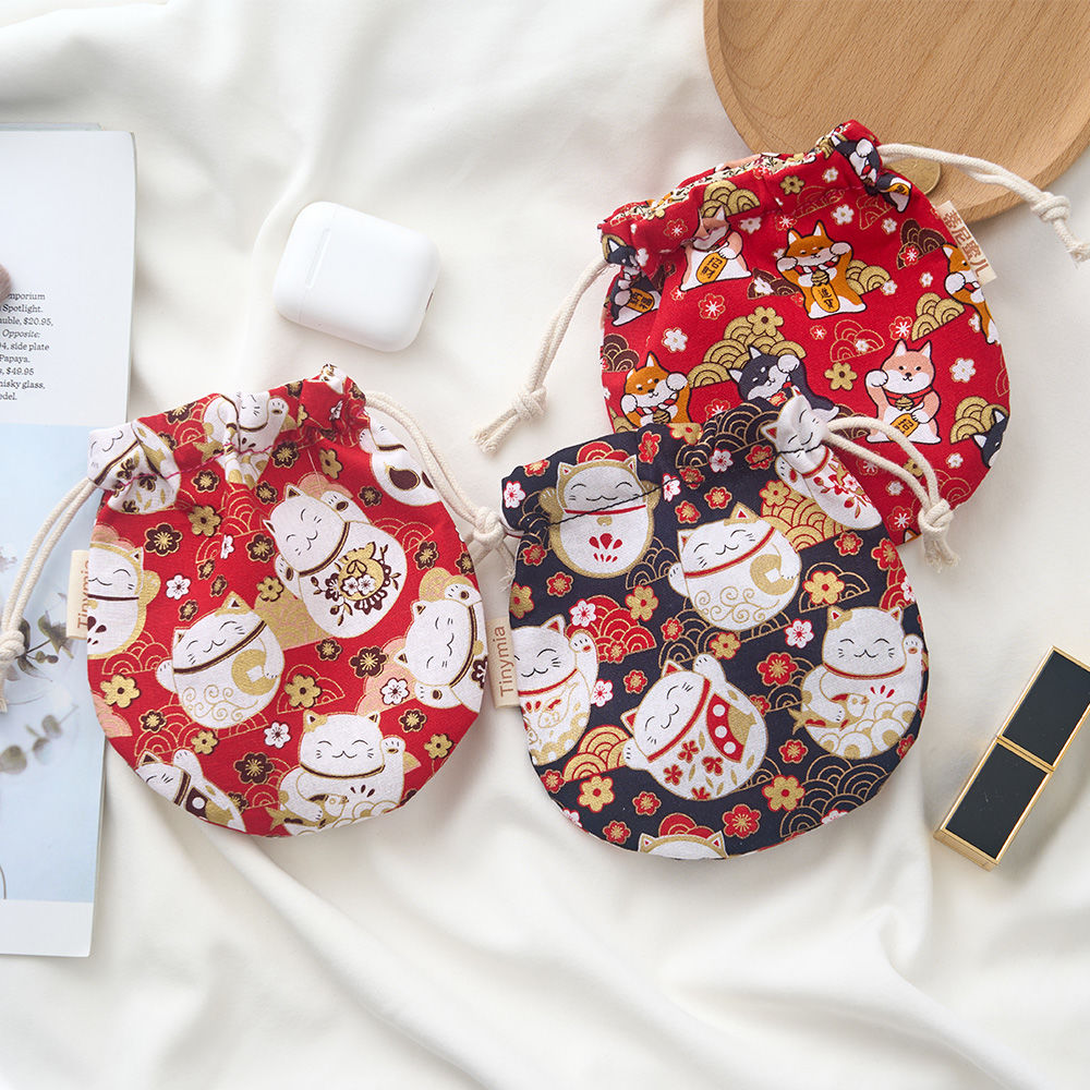 Cotton drawstring bag, pouch, lucky cat lipstick, small storage bag, drawstring jewelry coin bag, coin bag