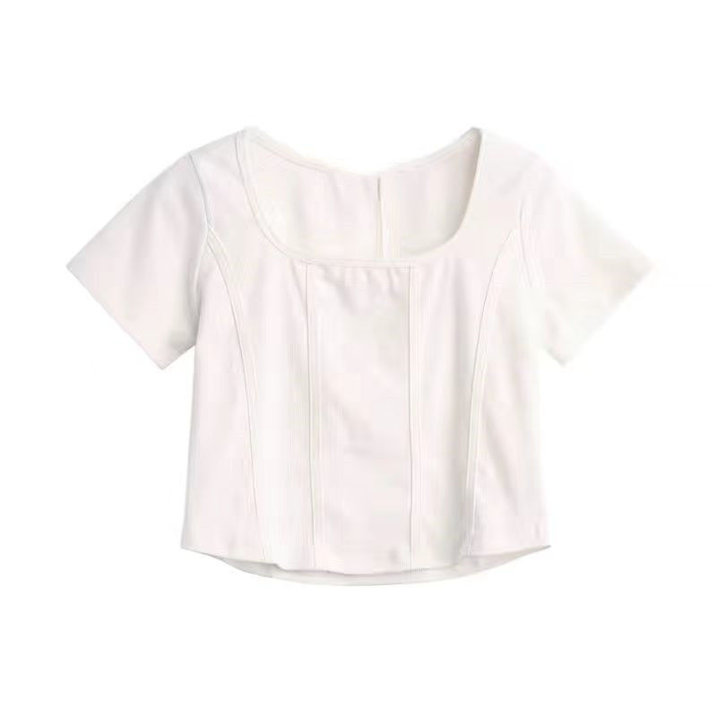 Square collar front shoulder short-sleeved t-shirt women's bottoming summer 2023 new Japanese and Korean style clothing niche short top ins