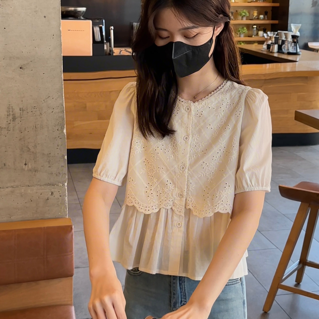 韩版甜辣小众假两件设计感圆领短袖衬衣女夏季甜美个性百搭上衣潮