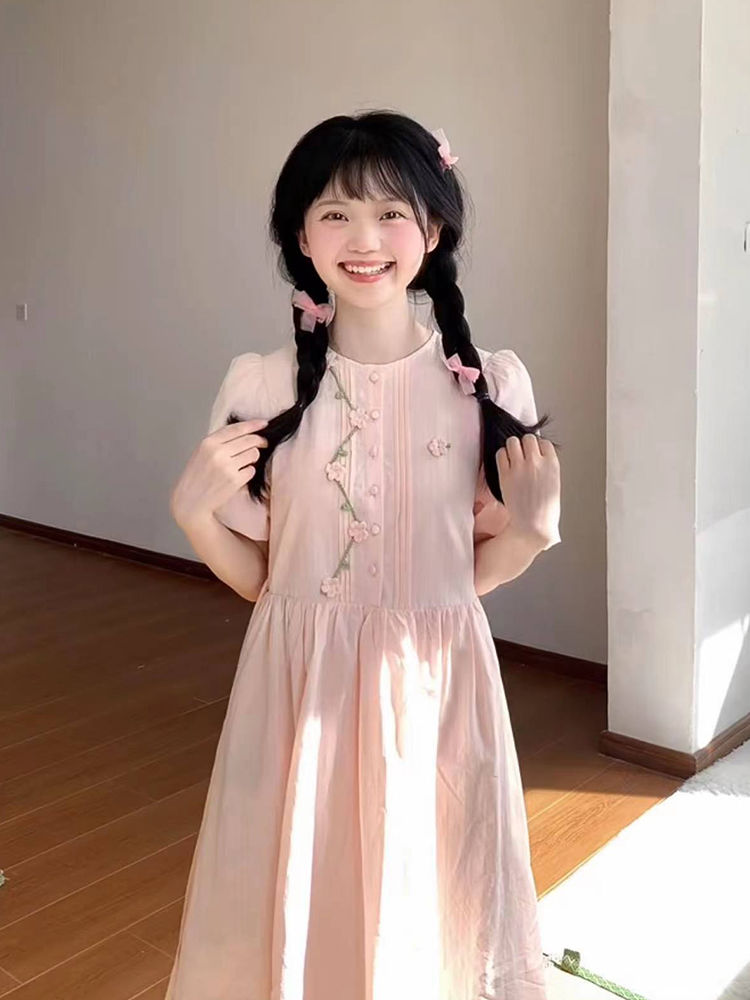 小清新日系甜美可愛小個子粉色連衣裙女學生夏日學院風顯瘦中長裙