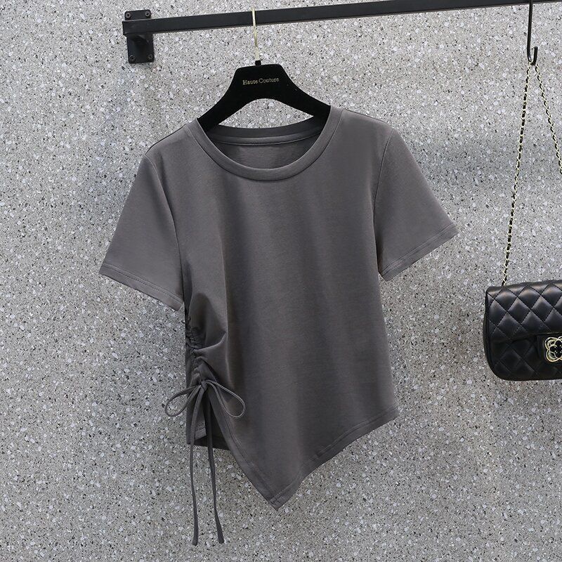 Drawstring short-sleeved t-shirt women's summer small person looks thin short-sleeved all-match sweet and spicy design sense irregular top sports i