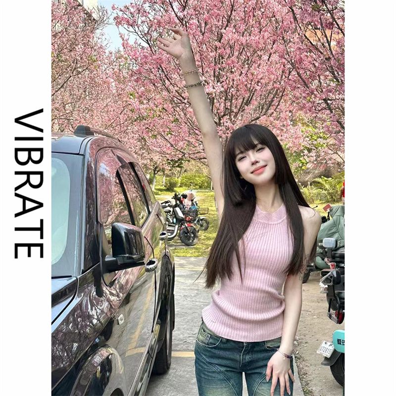 VIBRATE超好看粉色針織背心女夏季修身顯瘦氣質高級感無袖上衣潮