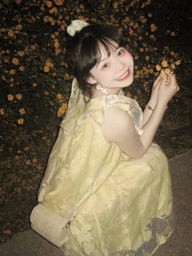 小清新甜美可愛奶黃色飛飛袖紗網連衣裙夏日遮肉顯瘦女學生初戀裙