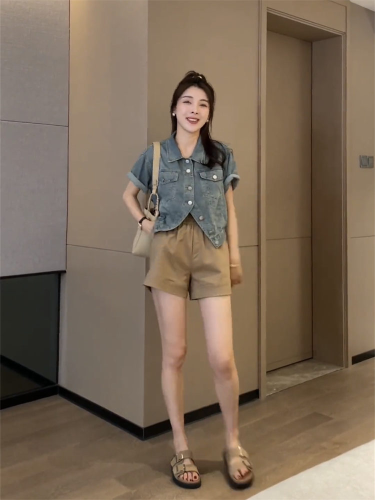 Lanhai Yinuo Short Thin Denim Short-sleeved Jacket Female  Summer Retro Niche Design Sense Shirt Top
