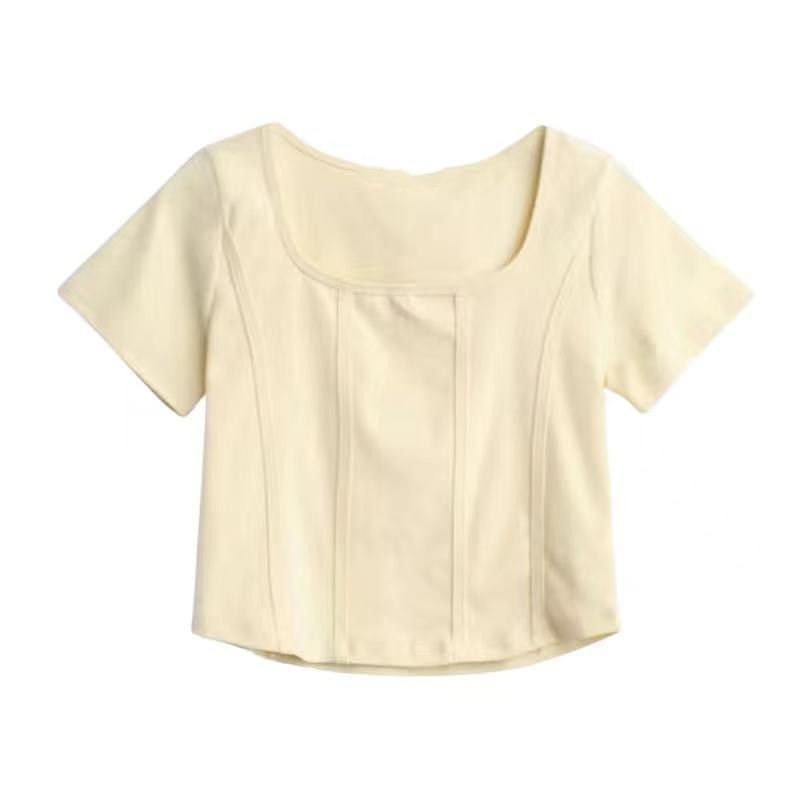 Solid color square collar front shoulder short-sleeved t-shirt women's sweet and spicy summer 2023 new Korean version design fashion short top i