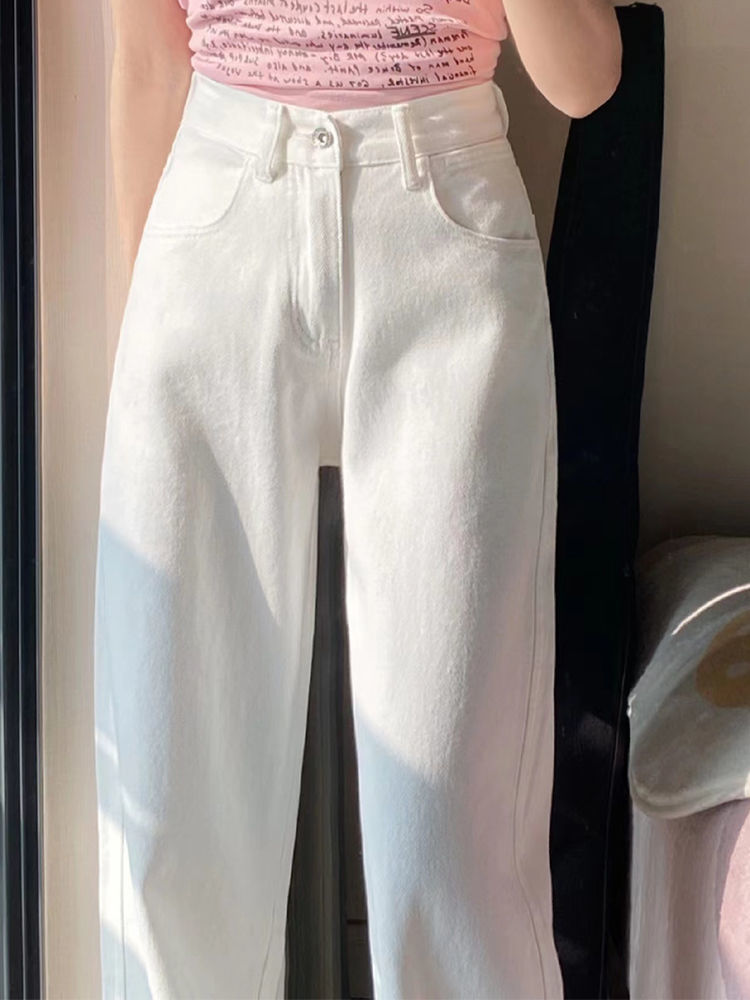 白色闊腿牛仔褲女夏季新款韓版學生高腰寬鬆百搭顯瘦直筒拖地褲子