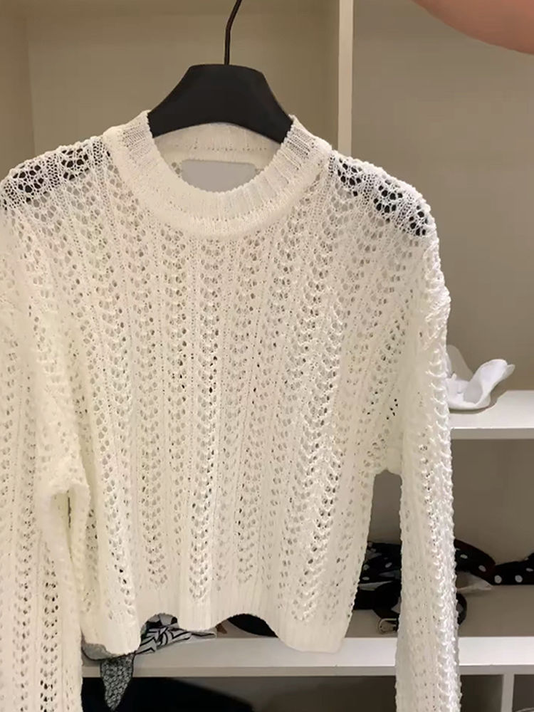 Hollow pullover knitted sweater women's spring and summer new loose temperament soft waxy high-level sense lazy round neck long-sleeved top
