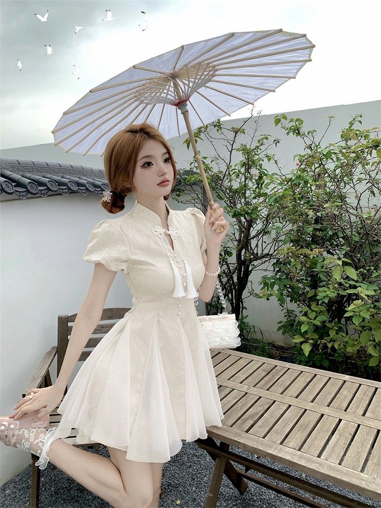 【品牌LALADUDU】胖mm新中式國風改良旗袍女夏季大碼收腰蓬蓬短裙