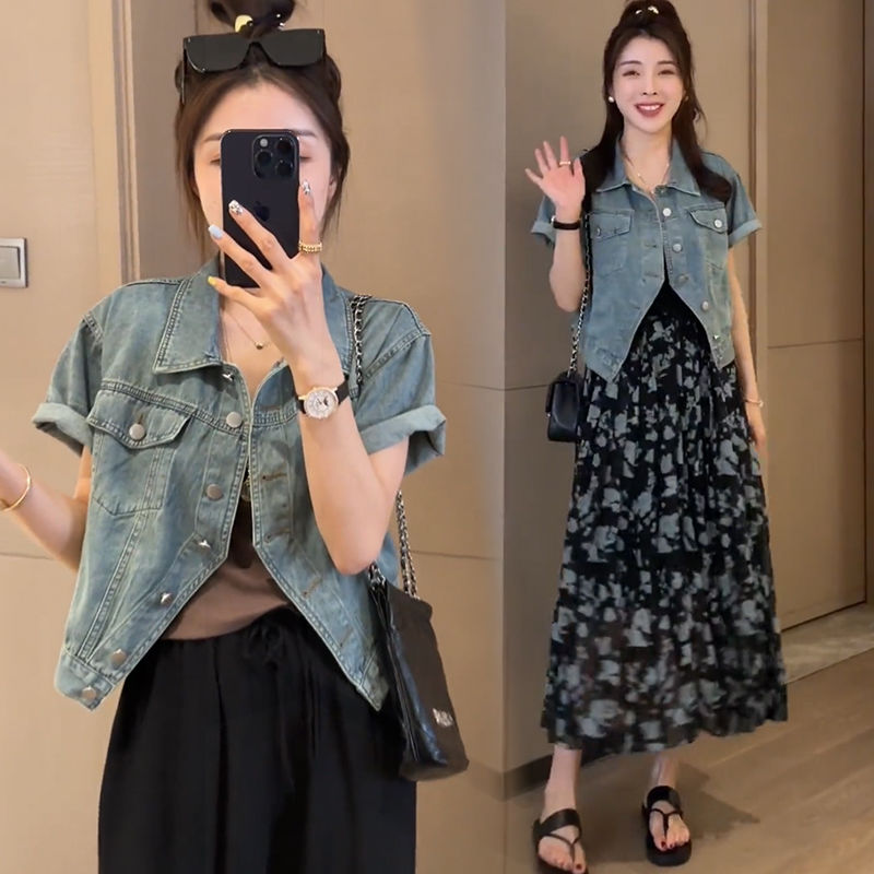 Lanhai Yinuo Short Thin Denim Short-sleeved Jacket Female  Summer Retro Niche Design Sense Shirt Top