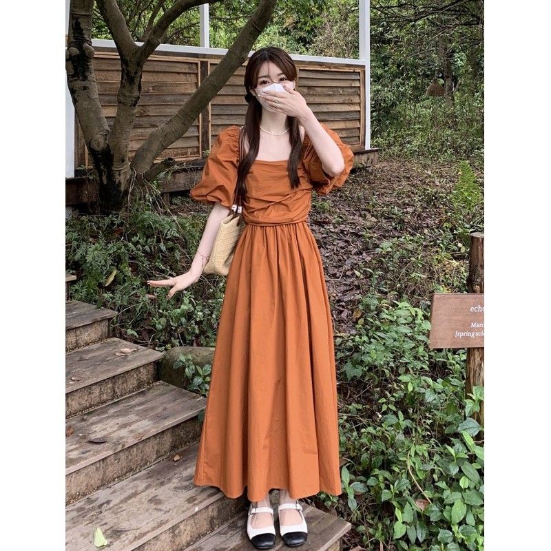 Apricot square collar dress women's summer 2023 new French style gentle style high-end puff sleeve long skirt