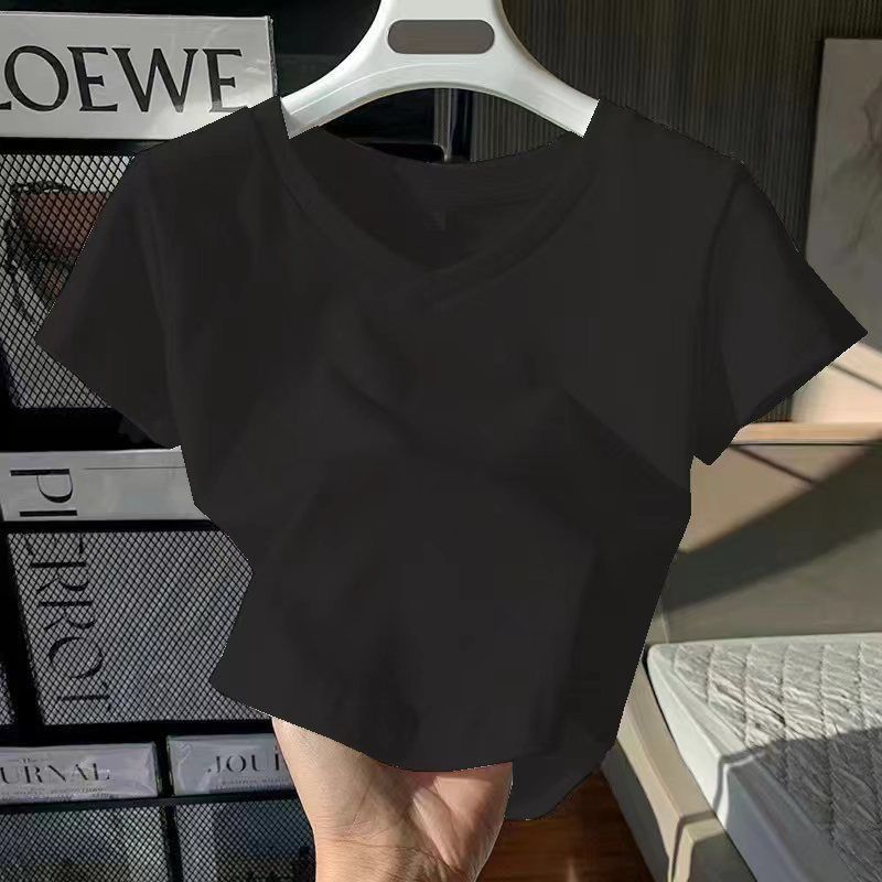 V-neck white short-sleeved t-shirt women's summer new pure desire wind self-cultivation slim French hot girl small short top