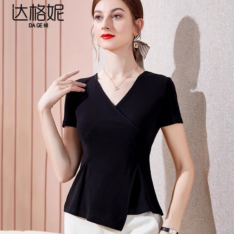 French short-sleeved t-shirt women's 2023 summer new Korean version irregular niche V-neck waist slim chic top