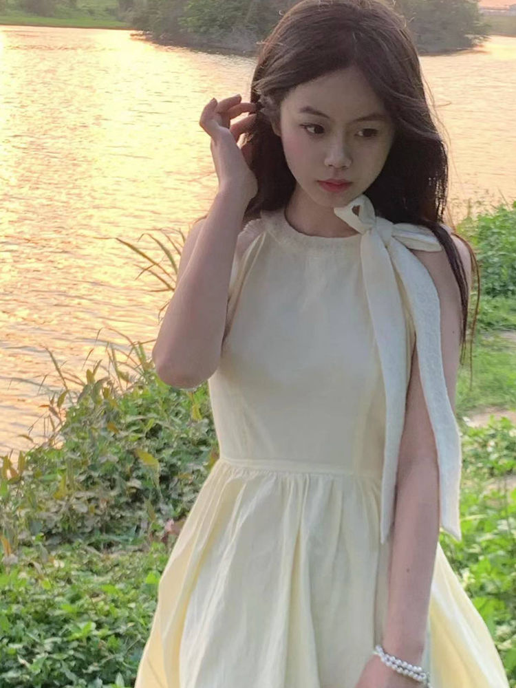 法式芭蕾風蝴蝶結拼接連衣裙女學生夏日最新款收腰顯瘦初戀a字裙