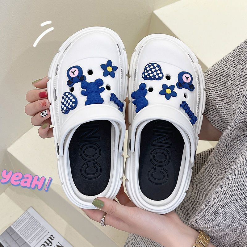 New thick-soled heightening DIY clogs for women, summer outerwear, Internet celebrity fashion, non-slip beach toe-toe sandals and slippers