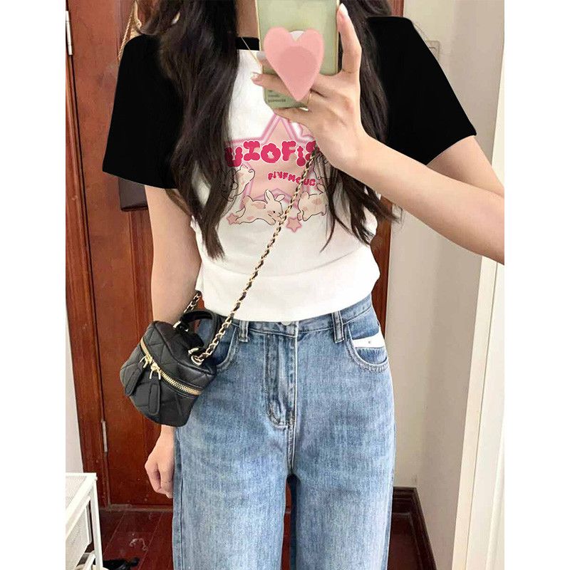 Thin wheat THIN MORE hit color cartoon star letters short-sleeved t-shirt women's summer short section slim slim top tide