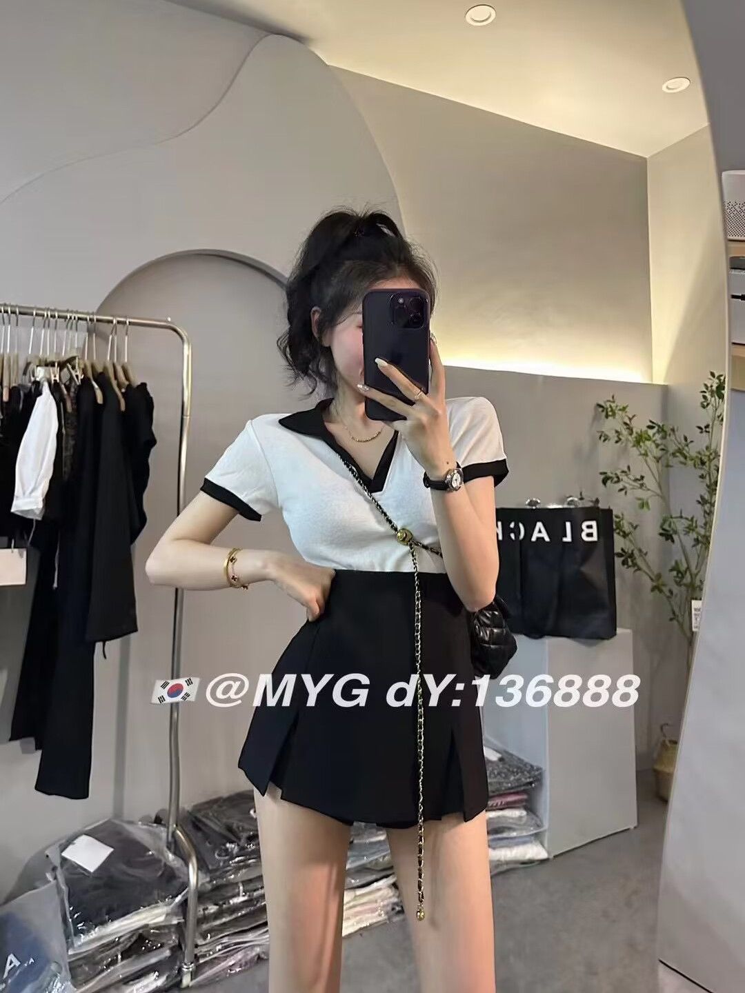 Korean style celebrity temperament suit female summer fashion sweet polo collar short-sleeved T-shirt + sexy high waist slit hakama