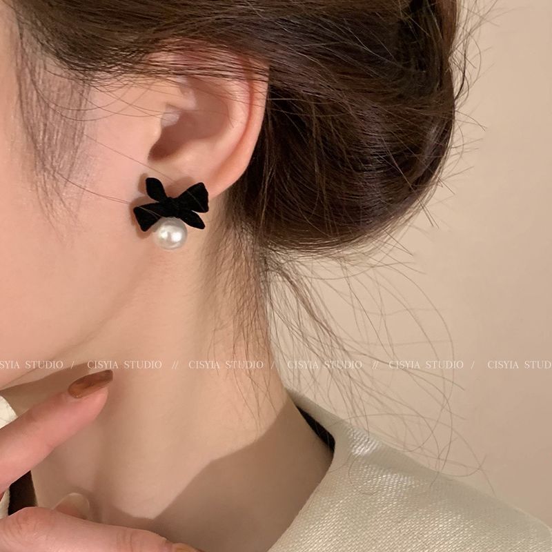 純銀耳釘珍珠黑絲絨蝴蝶結2023新款洋氣耳飾女小眾設計感氣質耳環