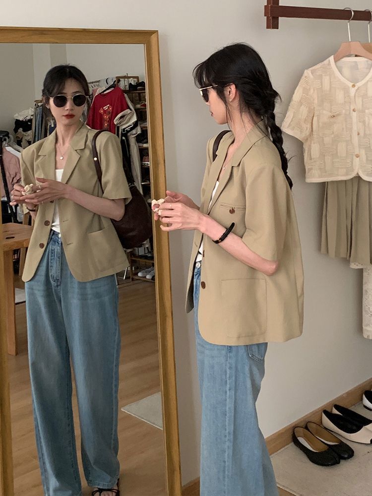 Casual small suit short-sleeved jacket women's  summer new Korean style casual design niche high-end top