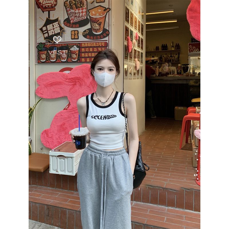 Letter vest with small suspenders female summer new white hot girl slim bottoming short sleeveless top