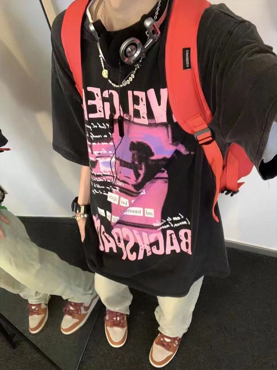 100%純棉港風chic復古短袖t恤女夏季寬鬆慵懶風bf休閒百搭上衣潮
